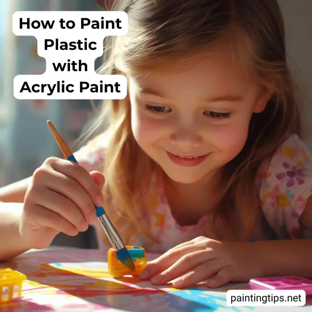 Brushing thin acrylic paint onto a plastic planter after priming, showing smooth coverage.