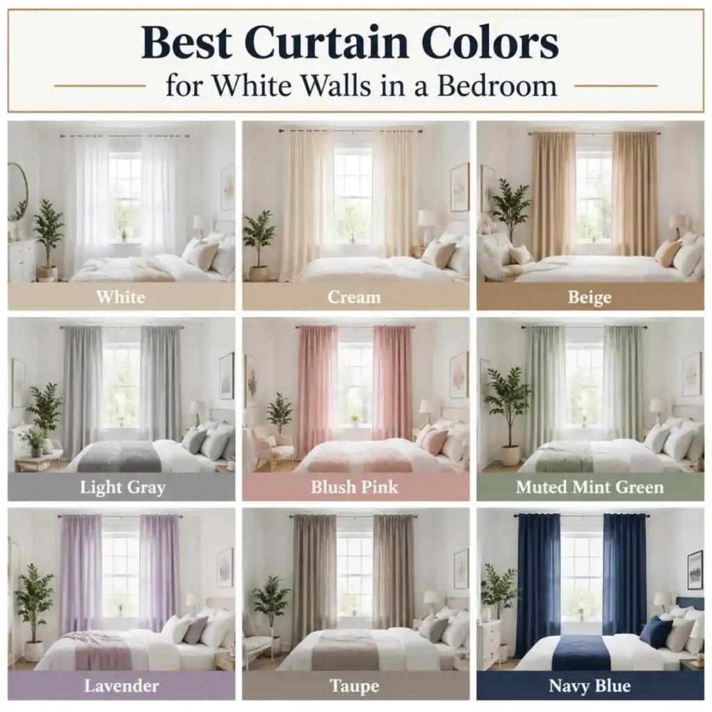 Best curtain colors for white walls in a bedroom.