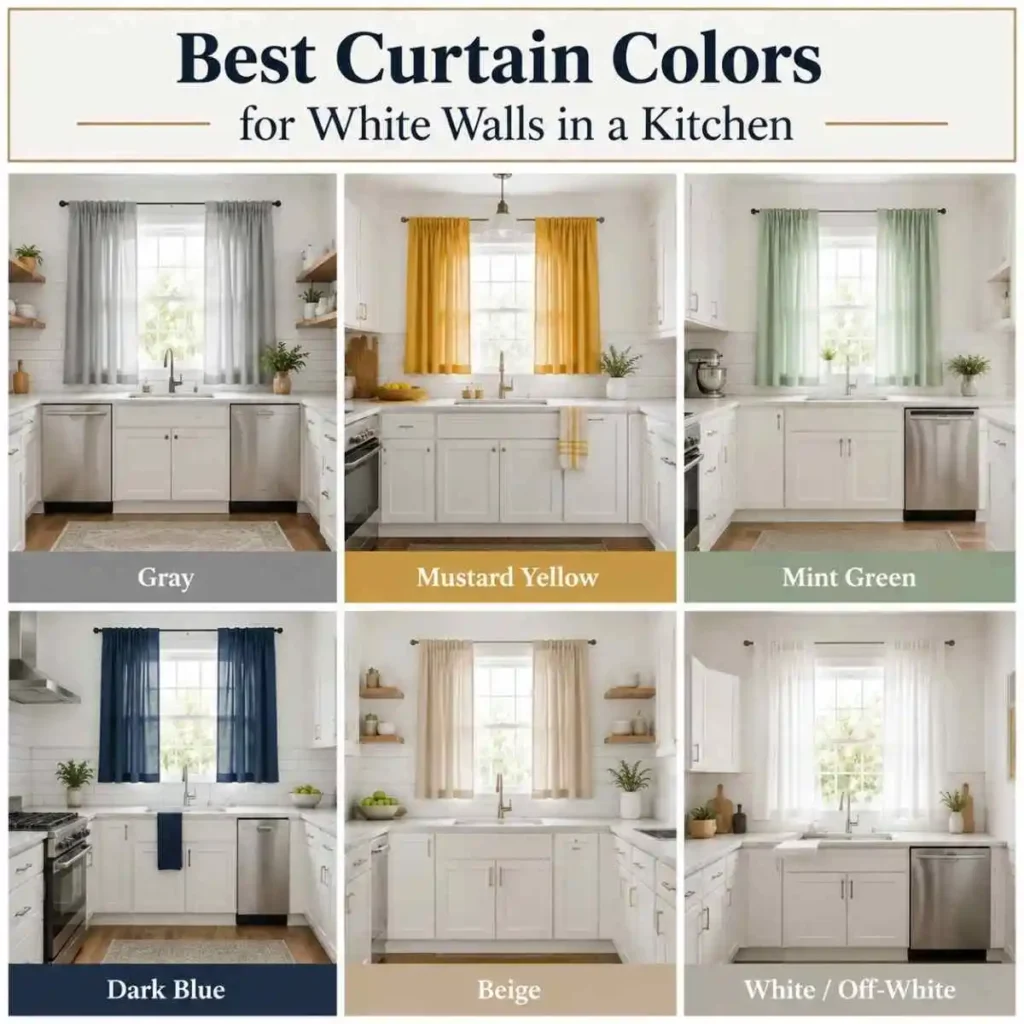 Best curtain colors for white walls in a kitchen.