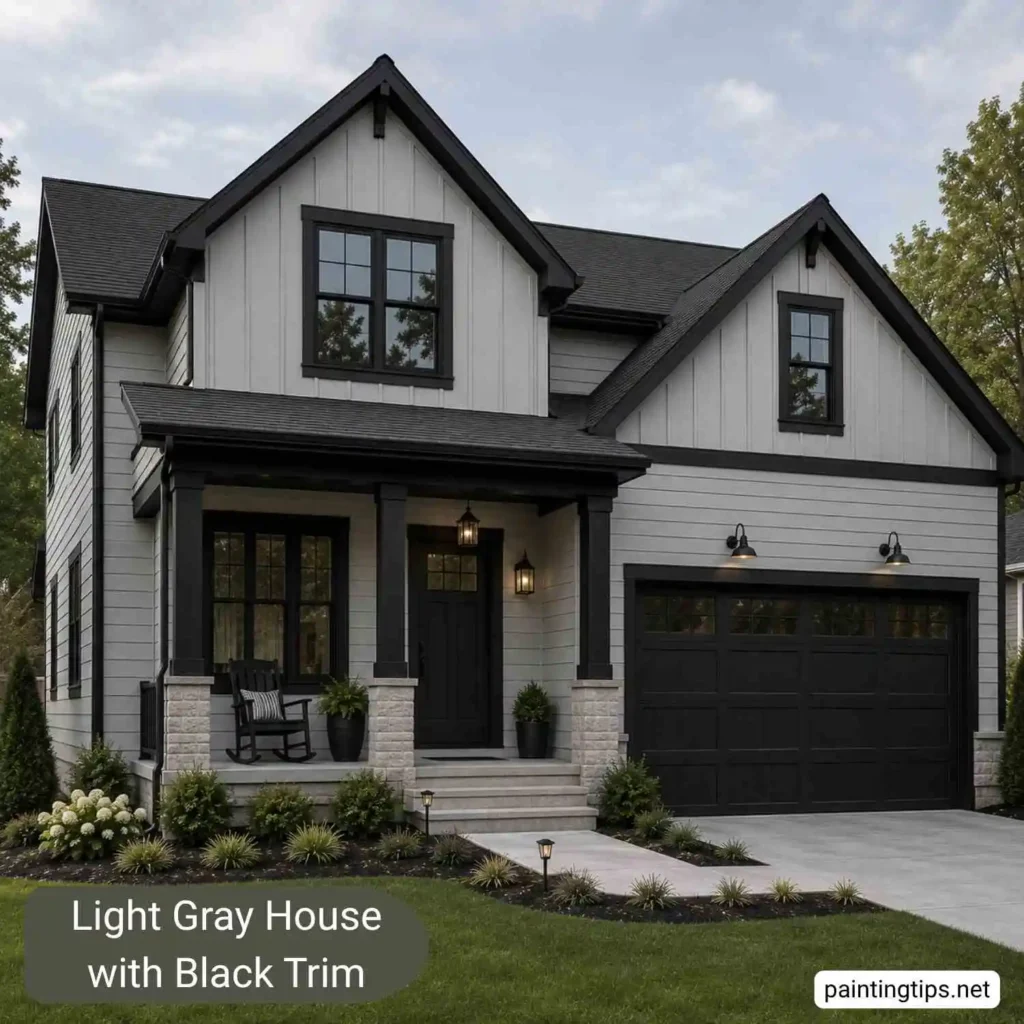 Light gray house with black trim.