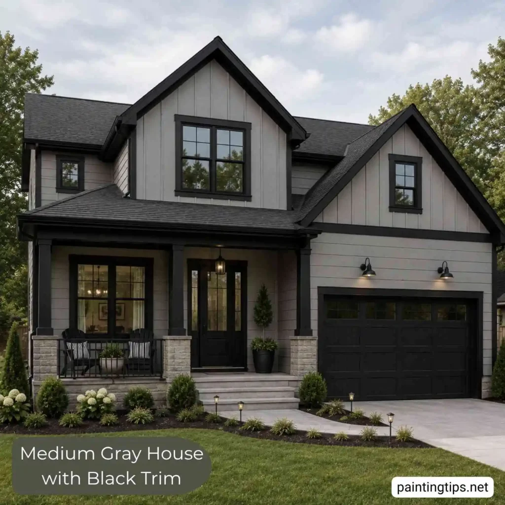 Medium gray house with black trim