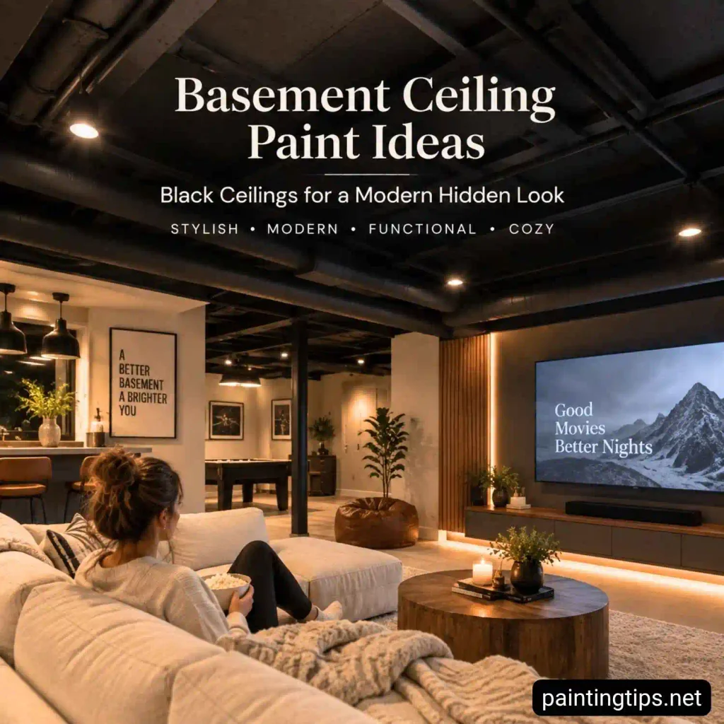 Basement ceiling paint ideas featuring a black ceiling with exposed ducts and modern lighting in a cozy entertainment room.