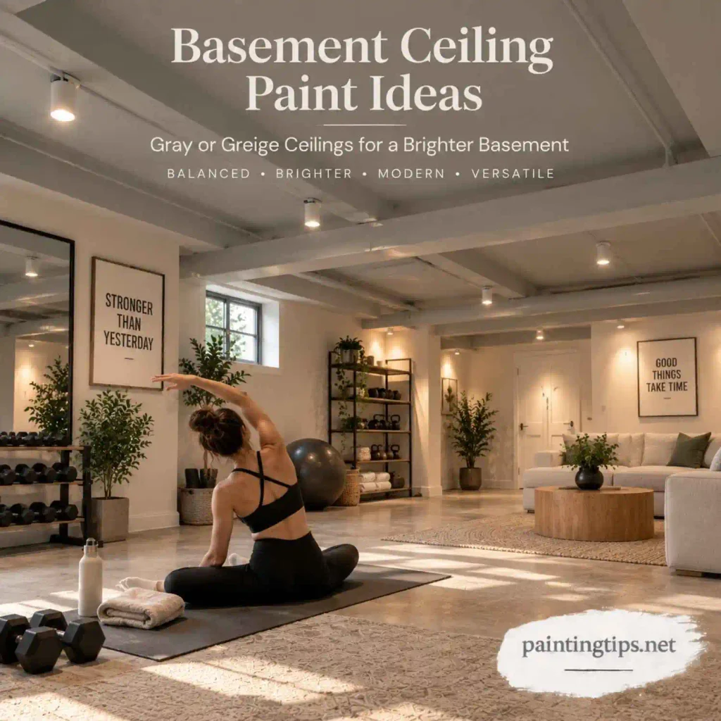 Basement ceiling paint ideas with a gray and greige ceiling creating a brighter modern basement gym and living space.