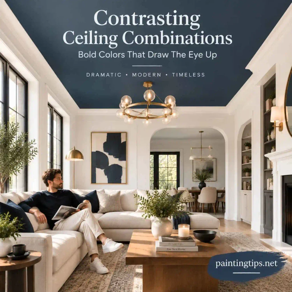 Ceiling paint color combinations featuring a navy ceiling with white walls in a modern living room.