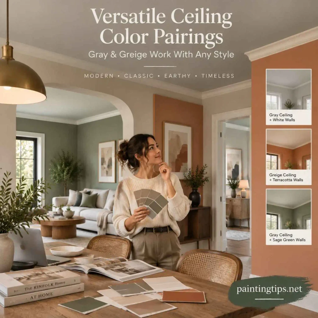 Ceiling paint color combinations using gray and greige ceilings with sage green and terracotta walls.