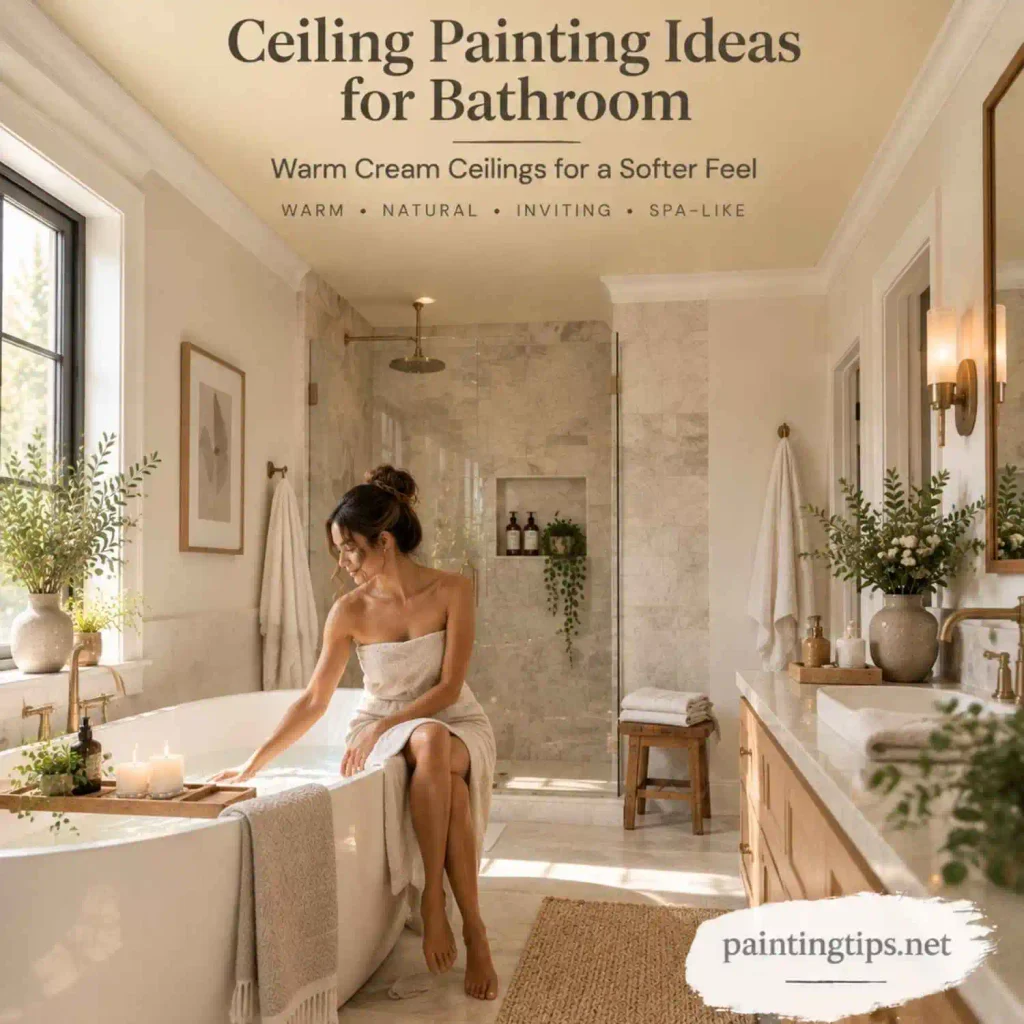 Ceiling painting ideas for bathroom featuring a warm cream ceiling with natural stone, wood vanity, and spa-like details.