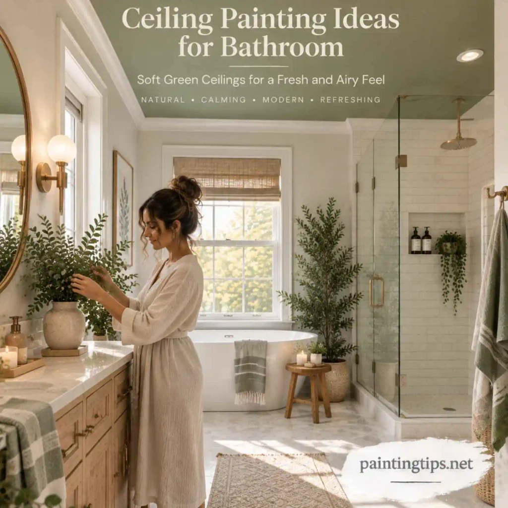 Ceiling painting ideas for bathroom with a soft sage green ceiling, white tile, plants, and natural modern bathroom decor.