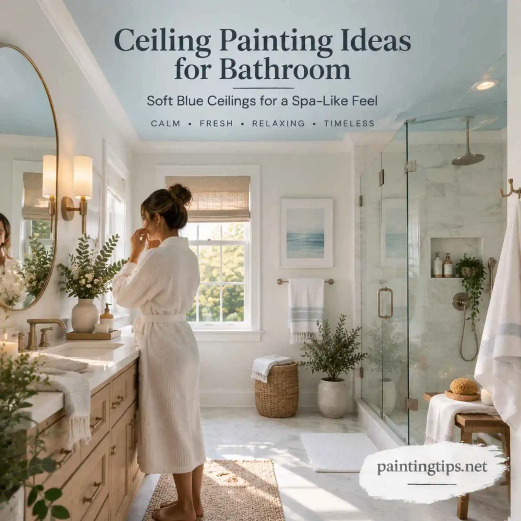 Ceiling painting ideas for bathroom featuring a soft blue ceiling with white walls and a spa-inspired relaxing bathroom design.