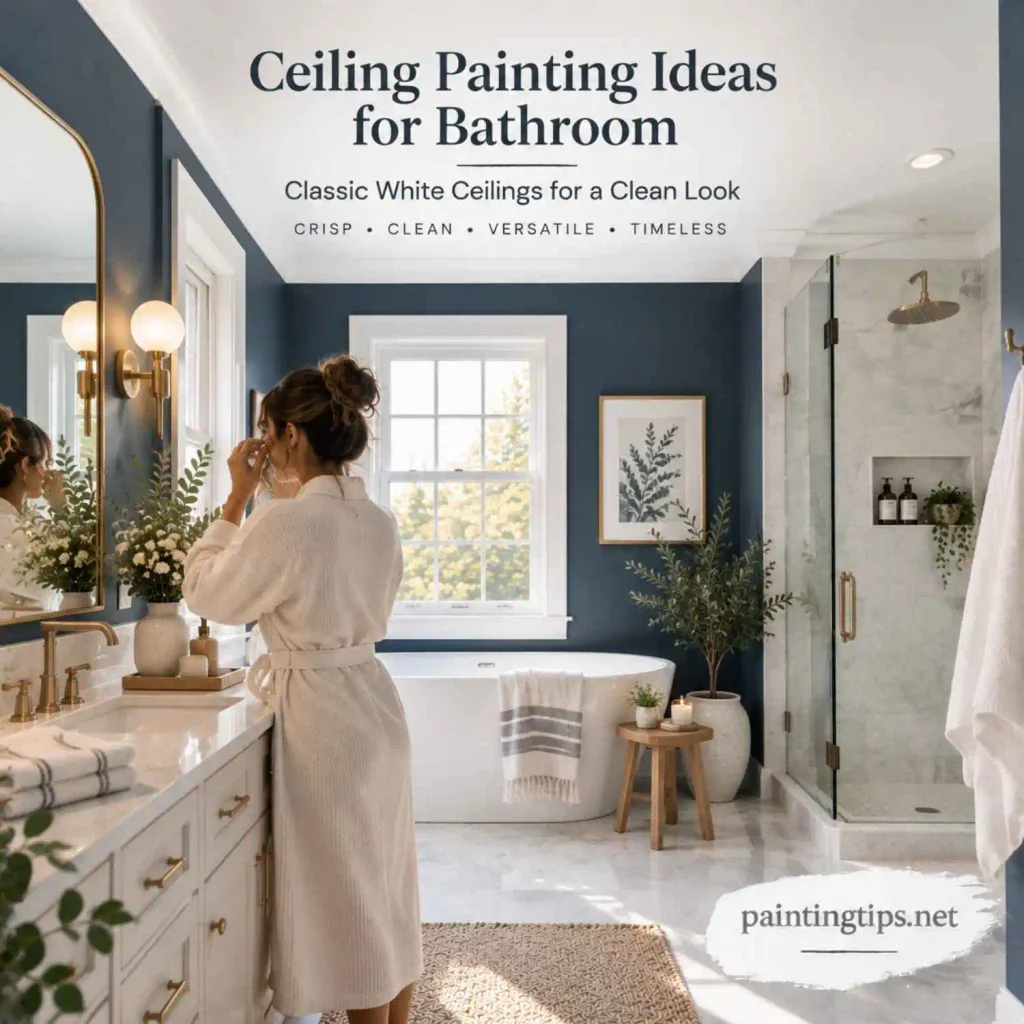Ceiling painting ideas for bathroom with a classic white ceiling creating a clean bright and timeless bathroom interior.