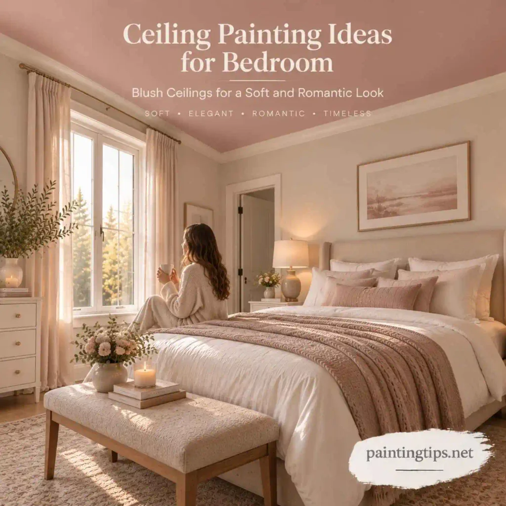 Ceiling painting ideas for bedroom with a blush pink ceiling creating a soft romantic atmosphere with warm lighting.