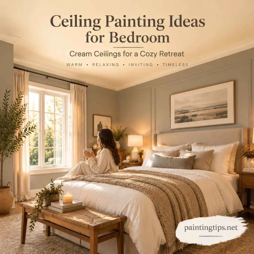 Ceiling painting ideas for bedroom featuring a cream ceiling with soft neutral walls and a cozy relaxing bedroom design.