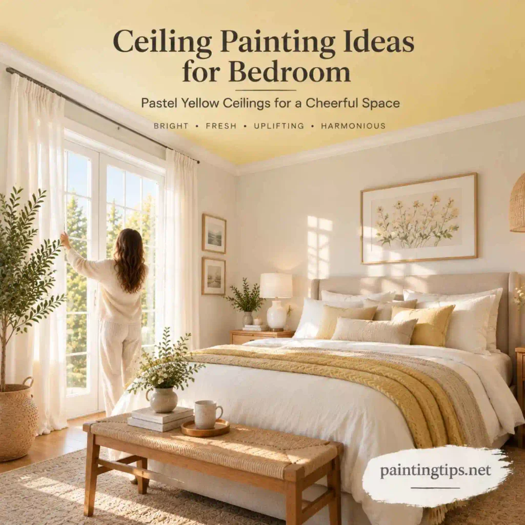Ceiling painting ideas for bedroom with a pastel yellow ceiling creating a bright cheerful and inviting sleeping space.