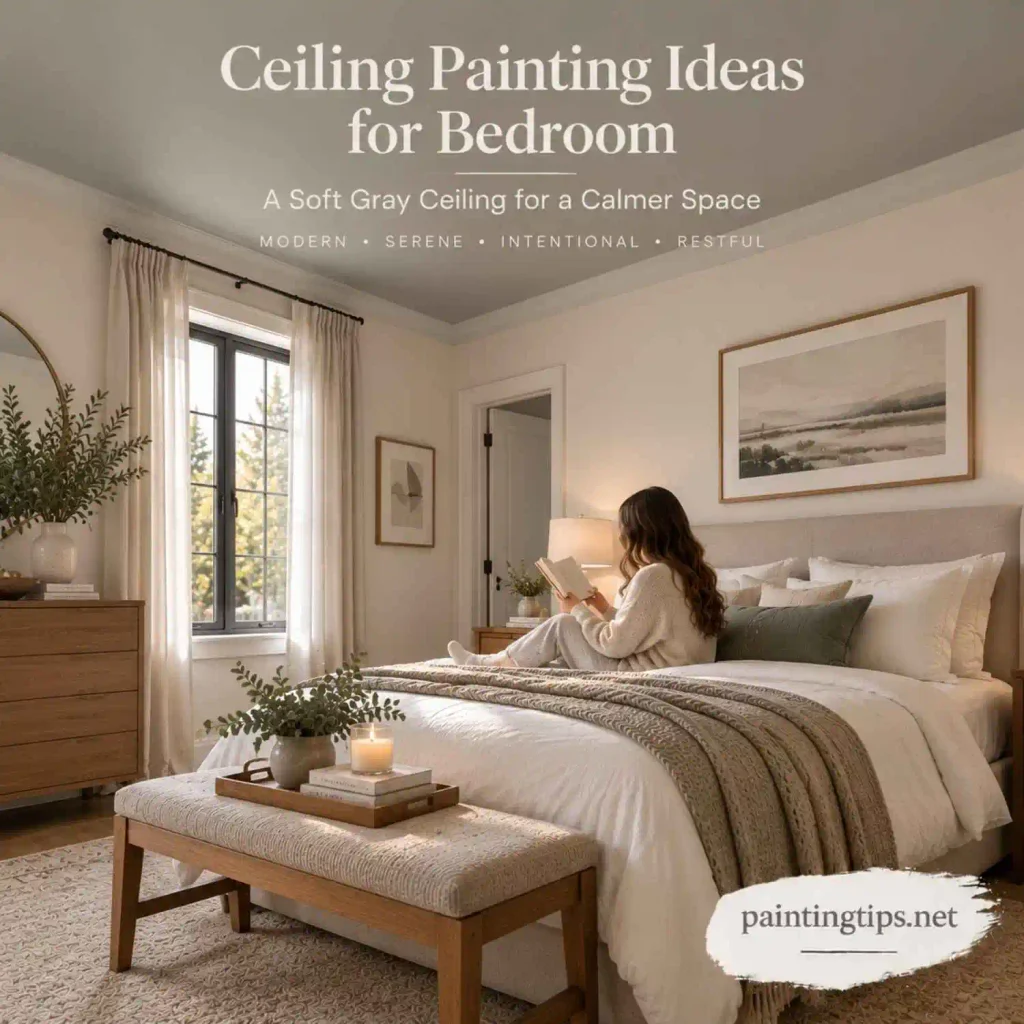 Ceiling painting ideas for bedroom featuring a soft gray ceiling with white bedding and natural wood accents for a calm modern look.