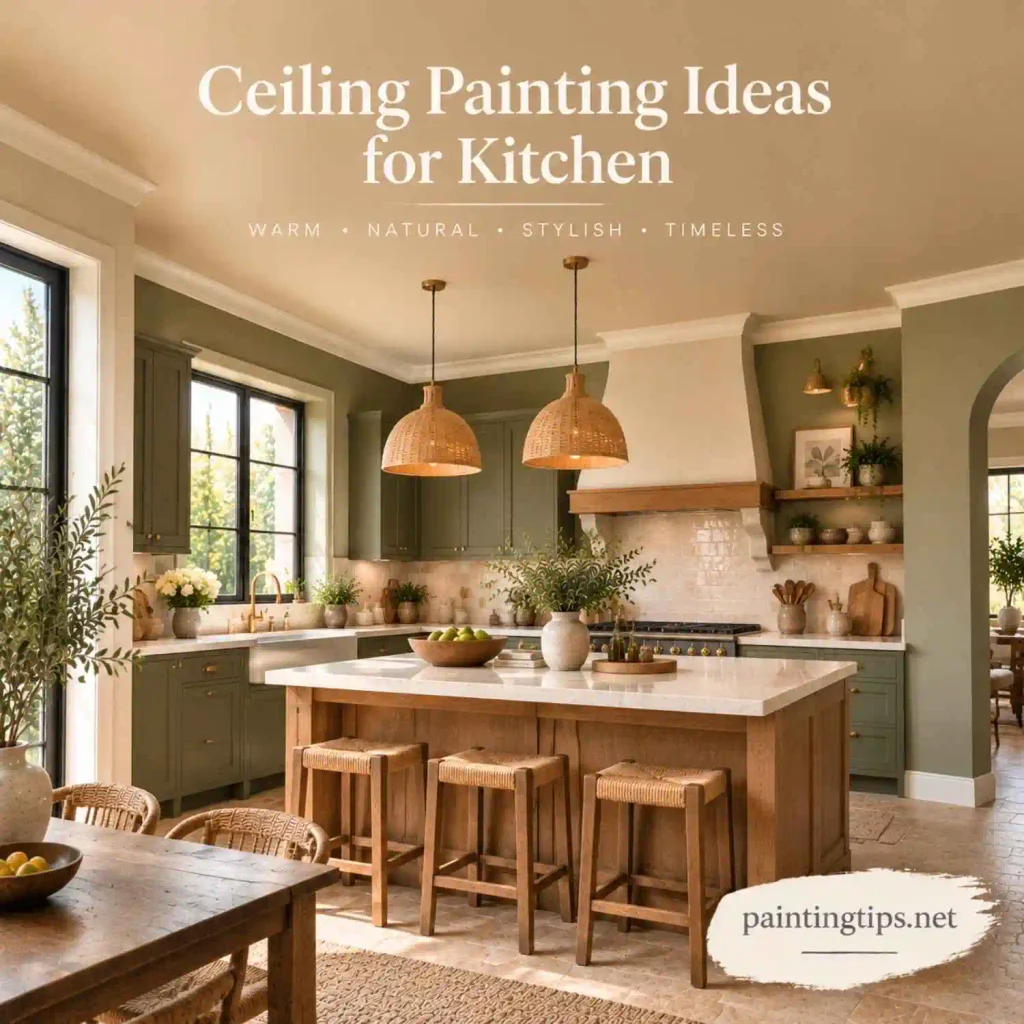 Ceiling painting ideas for kitchen featuring a warm beige ceiling with olive green cabinets and natural rustic decor.
