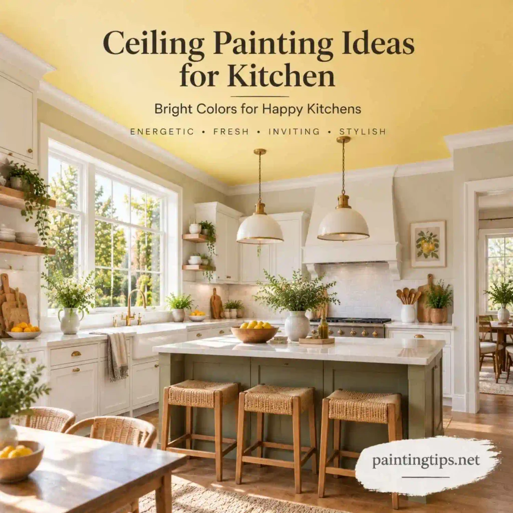 Ceiling painting ideas for kitchen with a light yellow ceiling creating a bright and energetic farmhouse kitchen design.