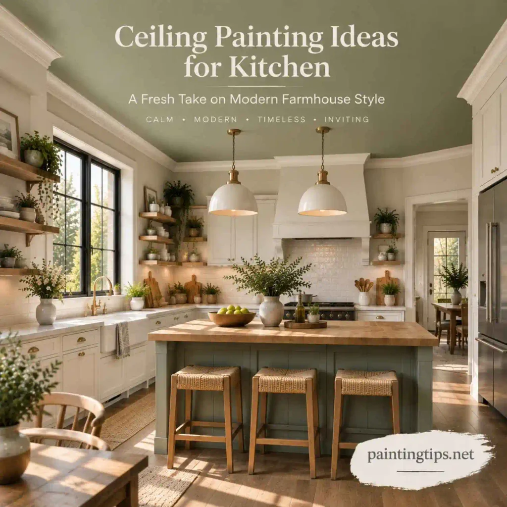 Ceiling painting ideas for kitchen with a soft sage green ceiling paired with white cabinets and modern farmhouse style.