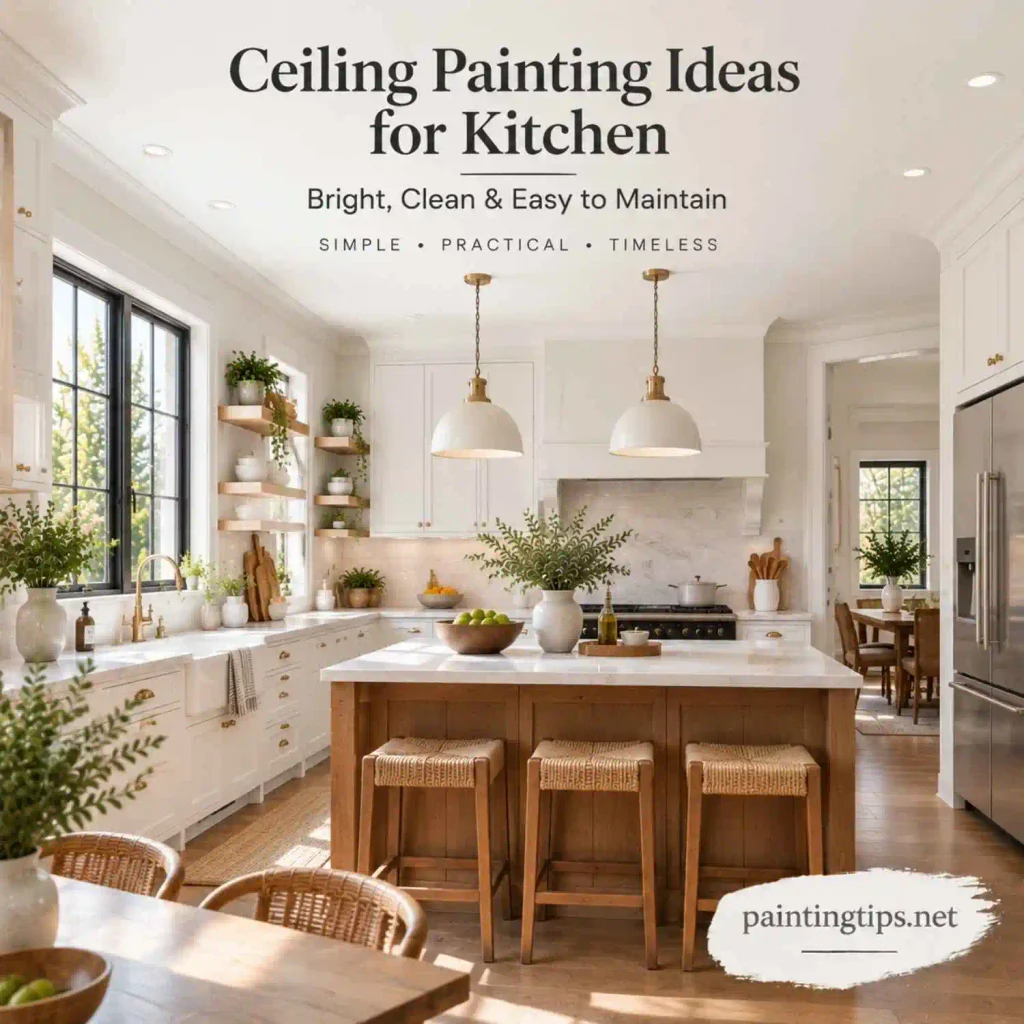 Ceiling painting ideas for kitchen featuring a crisp white ceiling that makes the space brighter and cleaner.