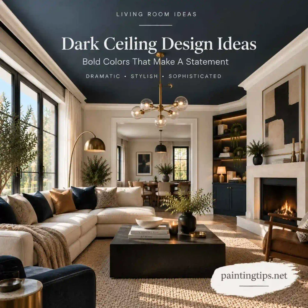 Ceiling painting ideas for the living room featuring a dark navy ceiling with warm lighting and sophisticated decor.