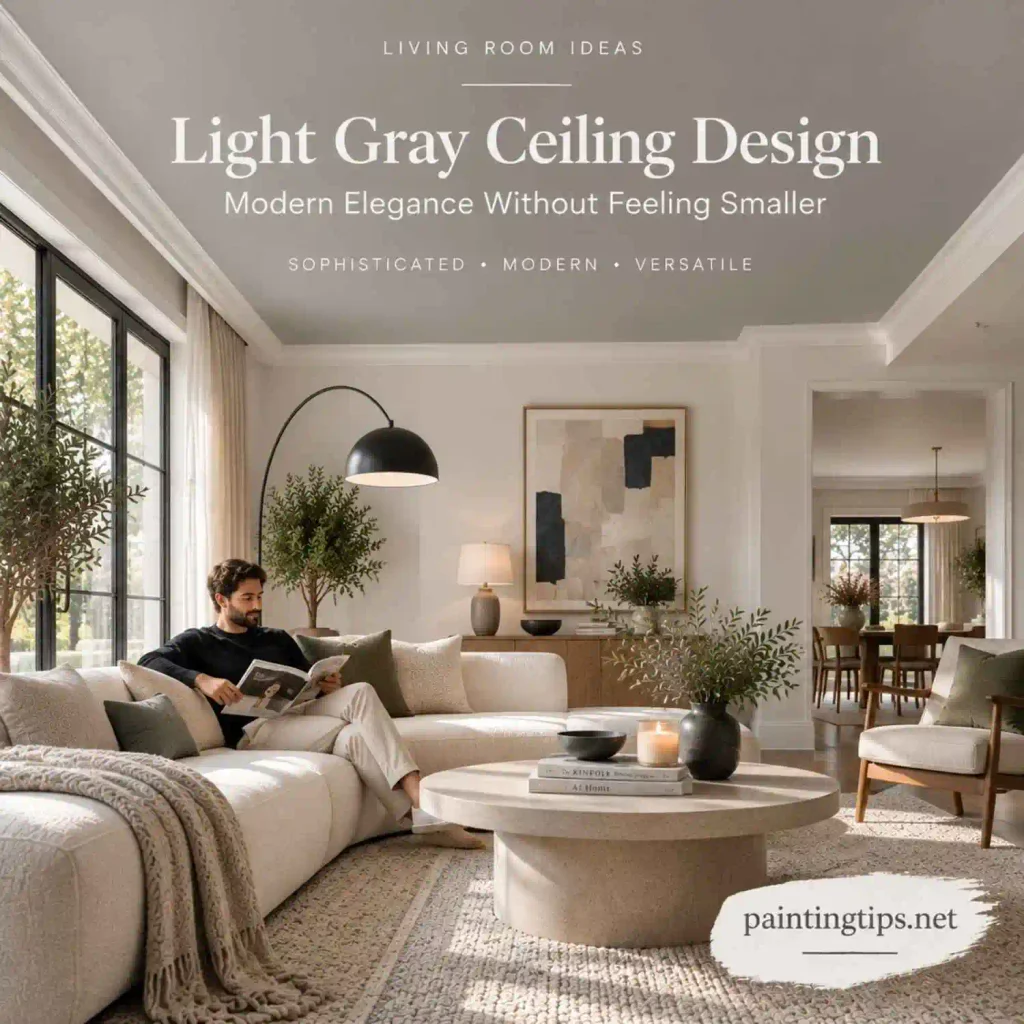 Ceiling painting ideas for the living room with a light gray ceiling paired with neutral walls for a modern elegant look.