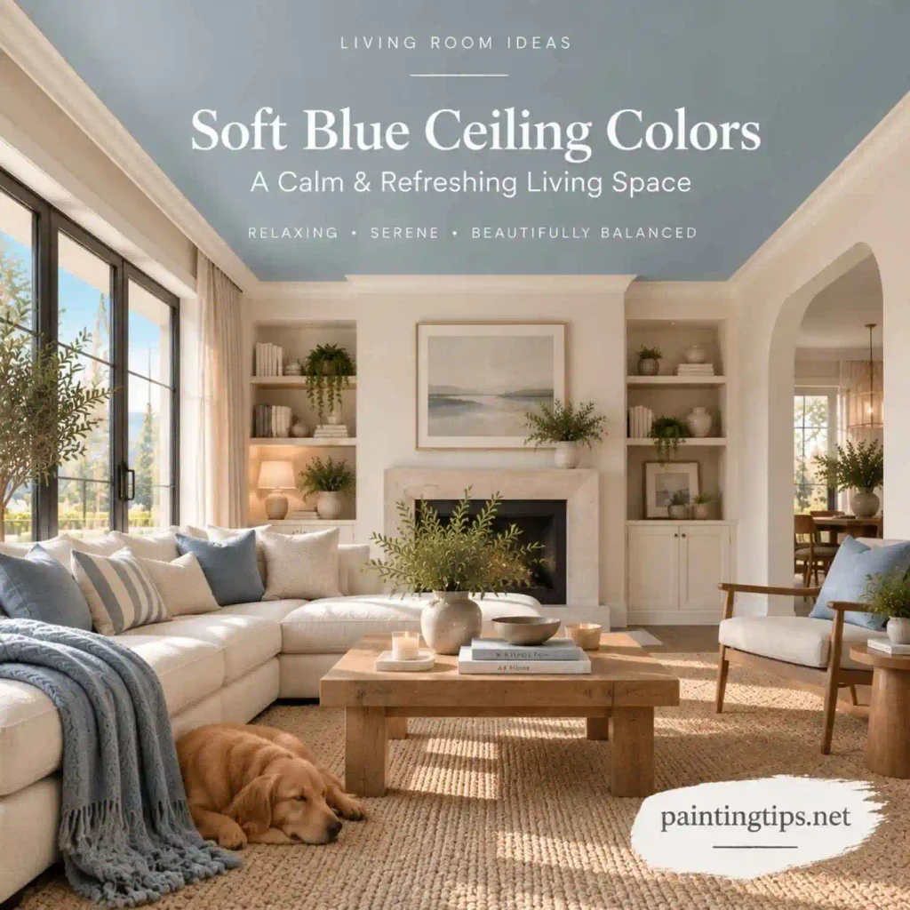 Ceiling painting ideas for the living room featuring a soft blue ceiling that creates a calm and refreshing atmosphere.