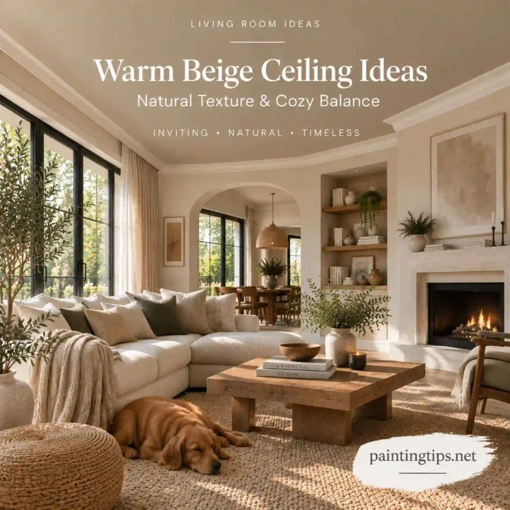 Ceiling painting ideas for the living room with a warm beige ceiling, natural textures, and cozy interior design elements.