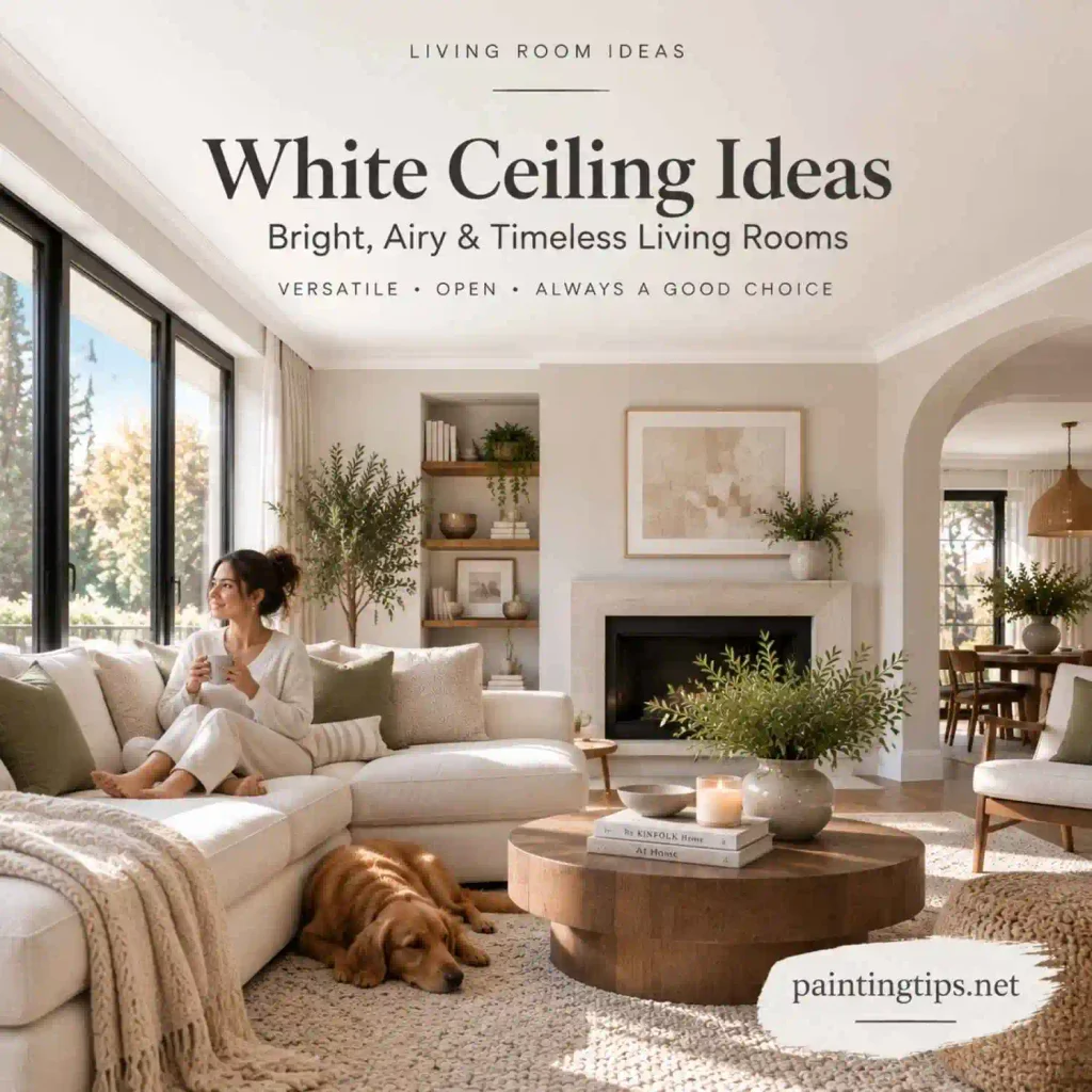 Ceiling painting ideas for the living room featuring a white ceiling that creates a bright airy and timeless space.