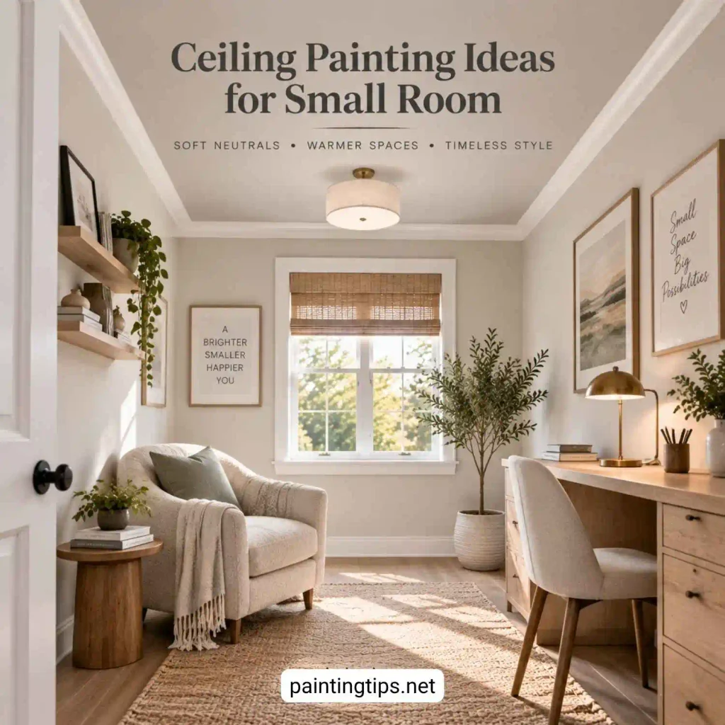 Ceiling painting ideas for small room featuring a warm beige ceiling in a compact home office with soft neutral colors.