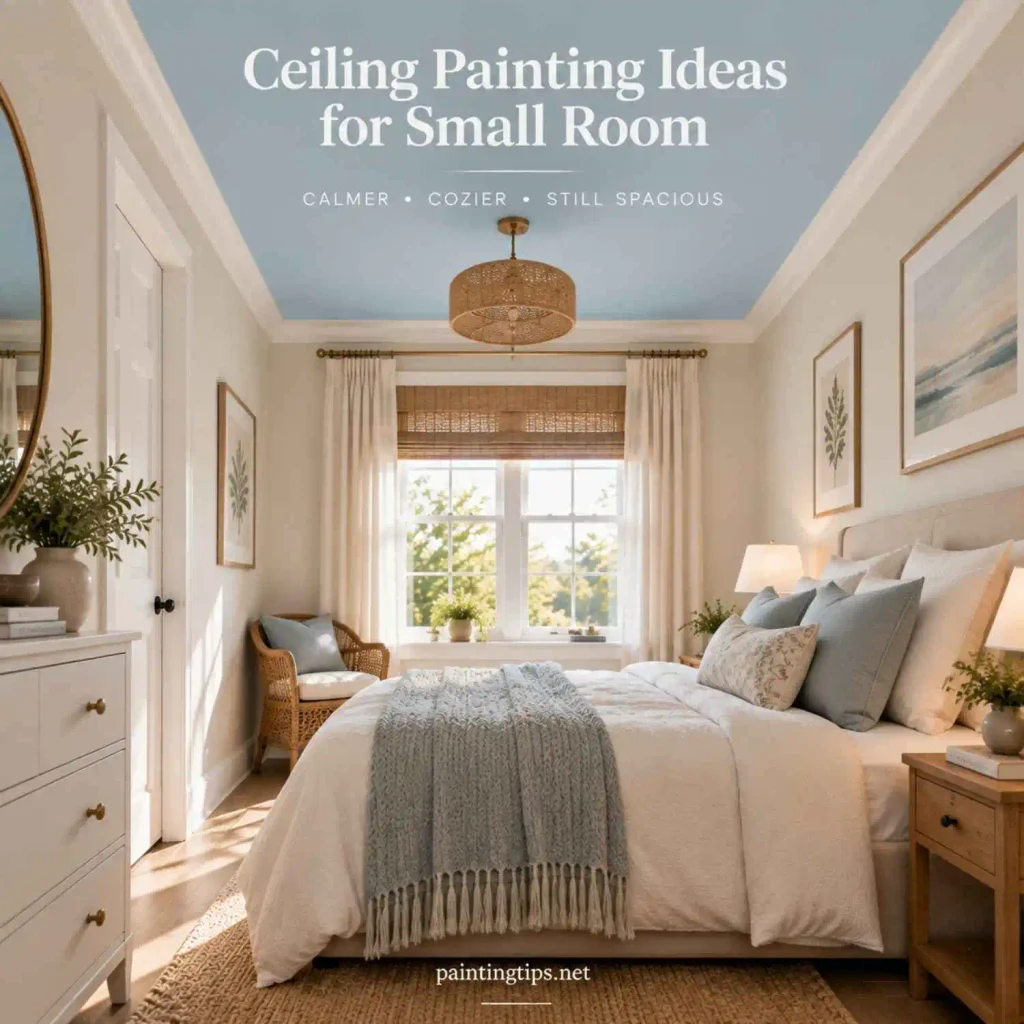 Ceiling painting ideas for small room with a soft blue ceiling creating a calm cozy bedroom atmosphere with a spacious feel.