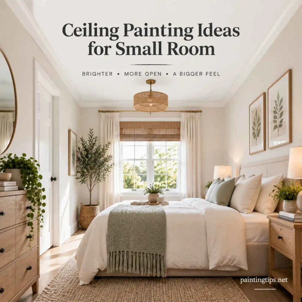 Ceiling painting ideas for small room featuring a bright white ceiling that makes a compact bedroom feel larger, lighter, and more open.