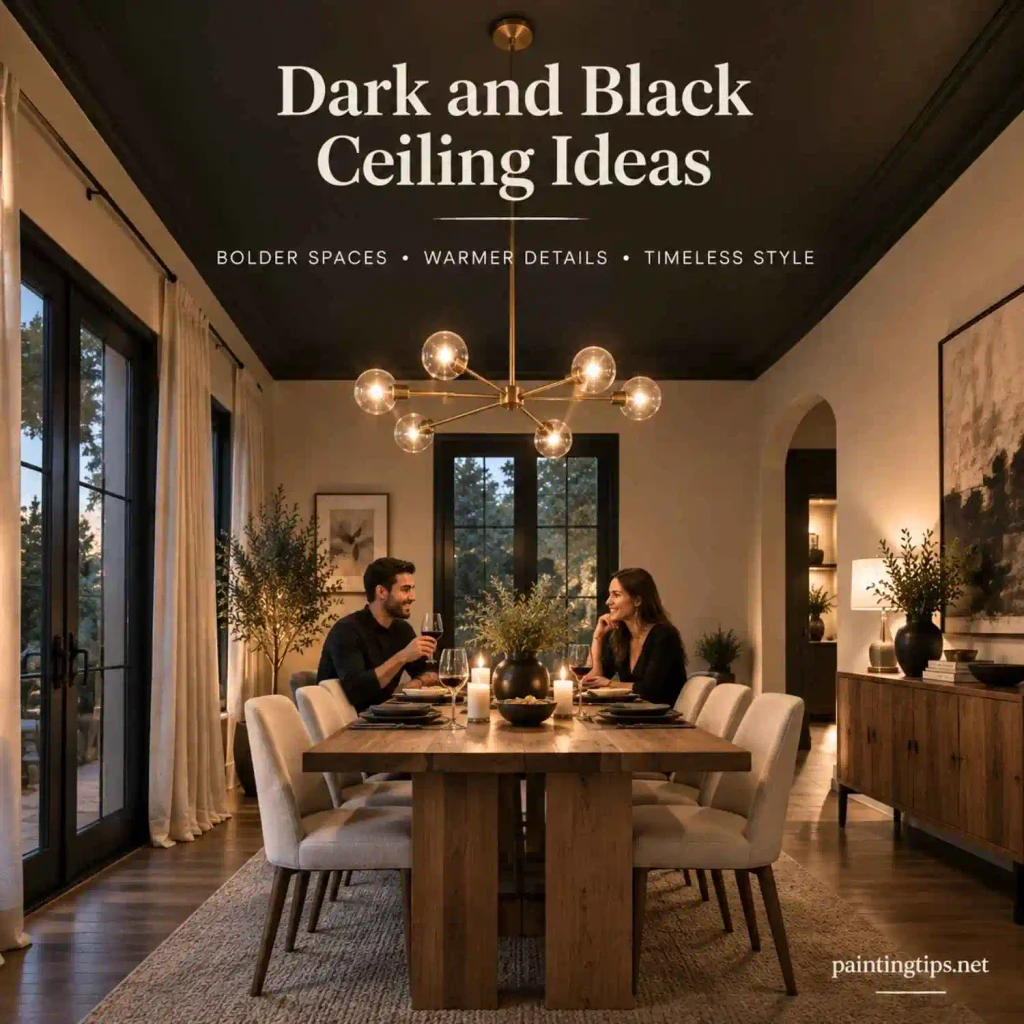 Dark and black ceiling ideas featuring a matte black ceiling in an elegant dining room with warm wood furniture and brass lighting.