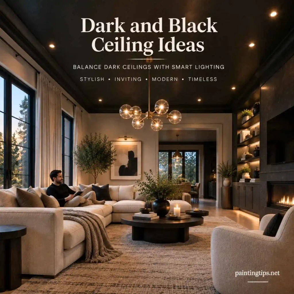 Dark and black ceiling ideas with a charcoal ceiling creating a cozy modern home office with warm lighting and wood details.