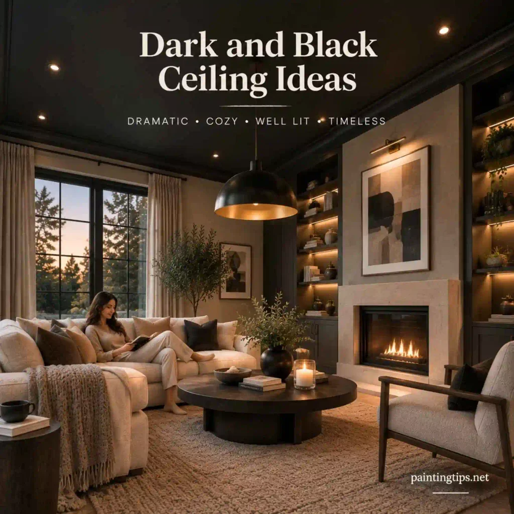 Dark and black ceiling ideas featuring a dramatic black ceiling balanced with recessed lights, fireplace, and warm interior design.