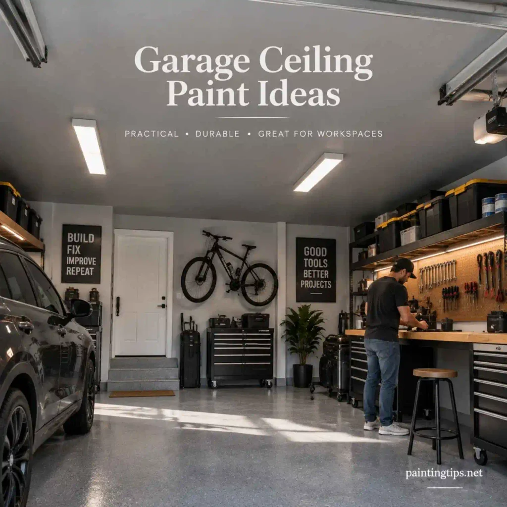 Garage ceiling paint ideas with a light gray ceiling in a modern workshop featuring tools, storage, and a functional workspace.