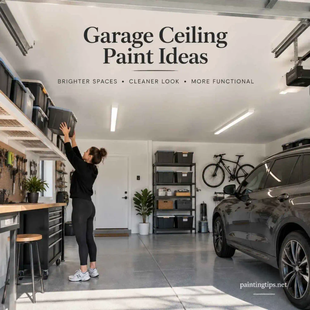 Garage ceiling paint ideas featuring a bright white ceiling that creates a clean organized garage with better visibility and storage space.