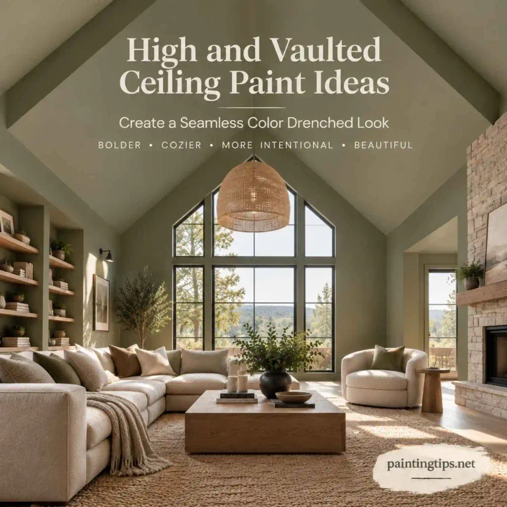 High and vaulted ceiling paint ideas with a color drenched vaulted ceiling where walls and ceiling share the same calming green tone.