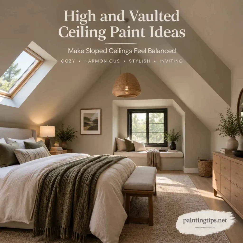 High and vaulted ceiling paint ideas featuring a sloped attic bedroom ceiling painted in matching wall colors for a balanced cozy design.