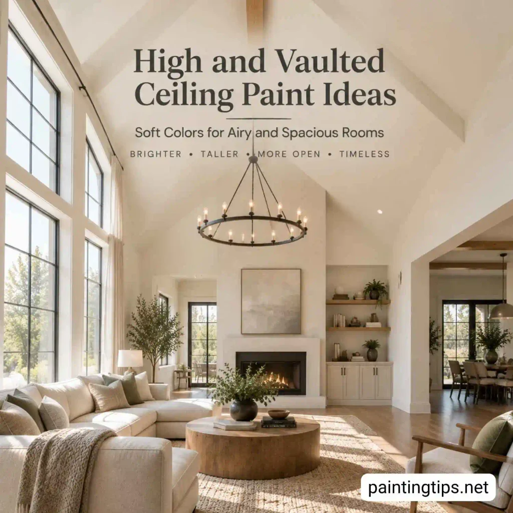 High and vaulted ceiling paint ideas featuring a soft off-white vaulted ceiling in a bright spacious living room with large windows.