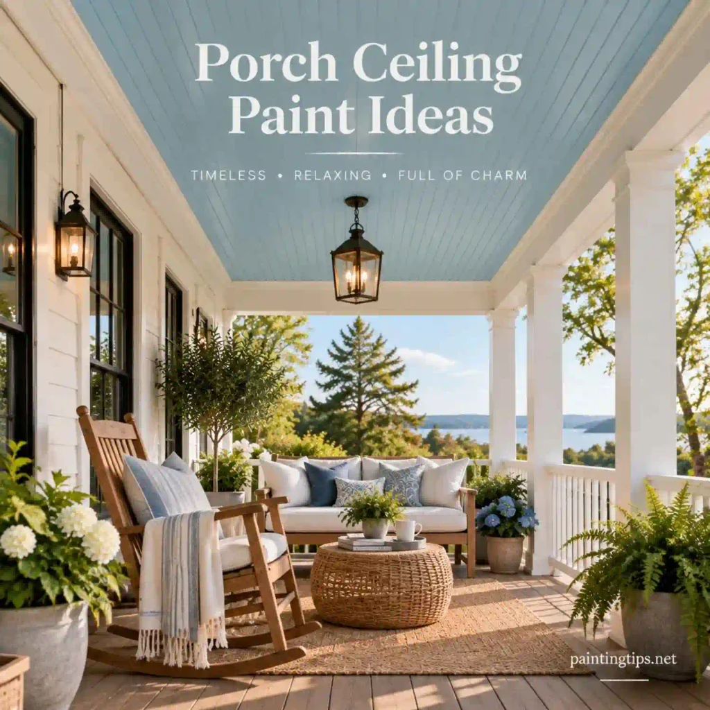 Porch ceiling paint ideas featuring a soft haint blue ceiling with white trim, cozy outdoor seating, and a relaxing Southern porch design.