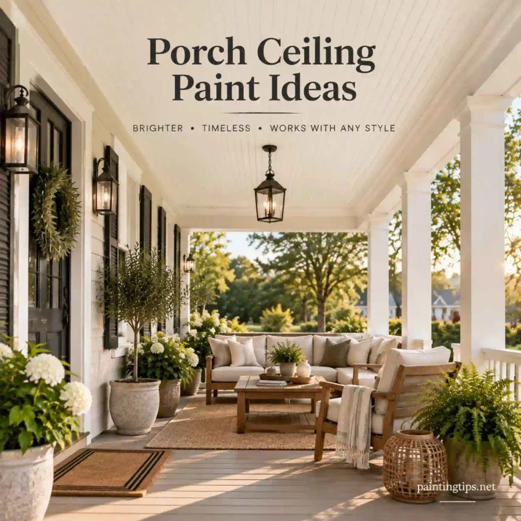 Porch ceiling paint ideas with a warm white ceiling creating a bright timeless farmhouse porch with neutral outdoor decor.