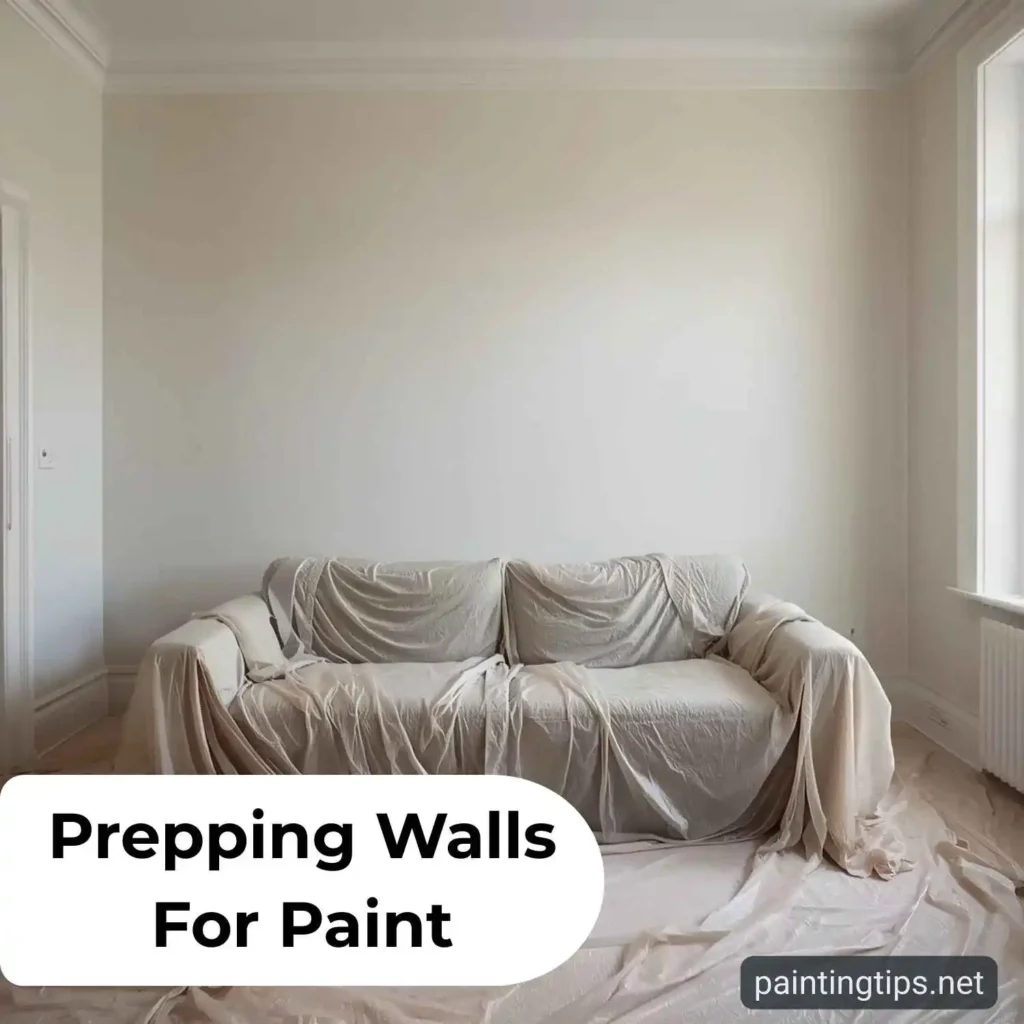 A room with furniture moved to the center and drop cloths covering the floor before painting.
