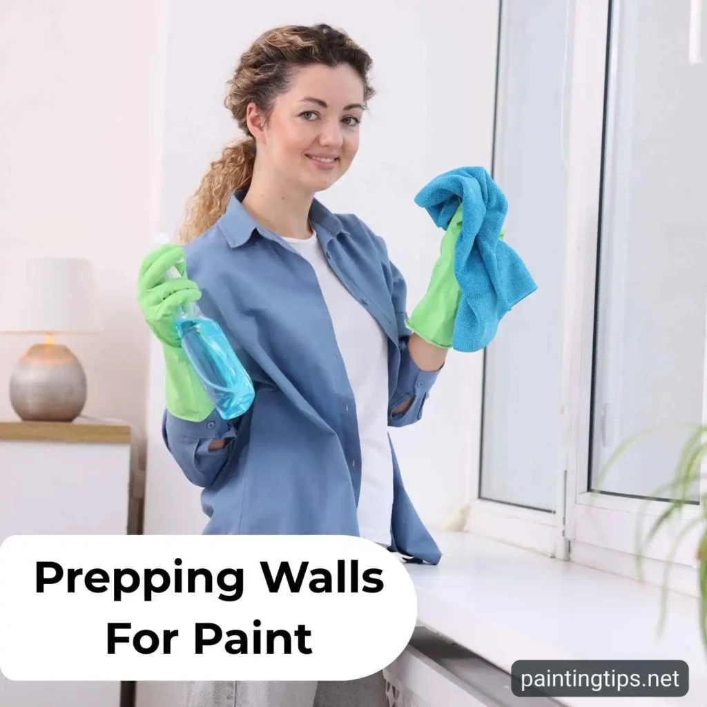 A person wiping down a wall with a damp cloth to remove dust and grime before painting.