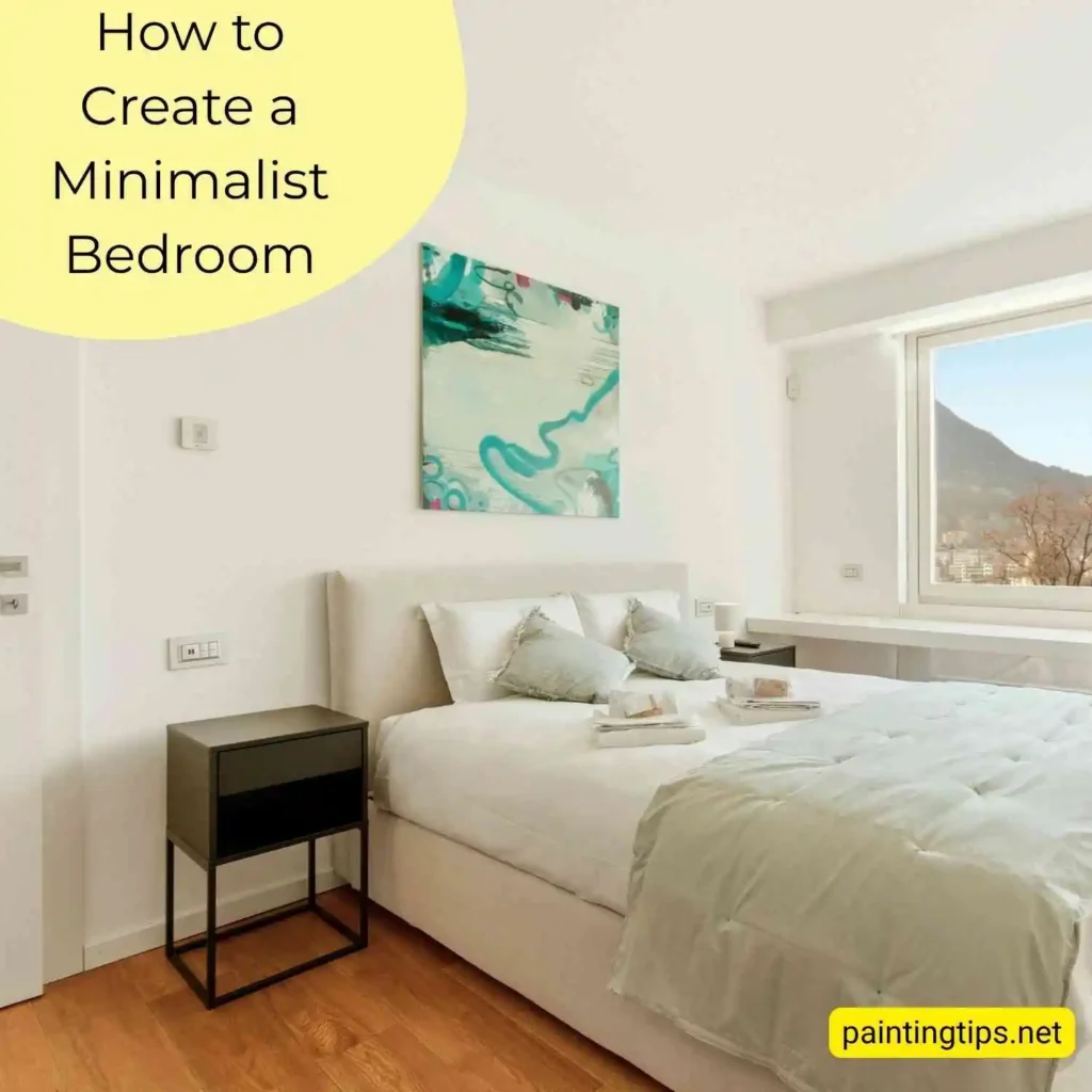 How to create a minimalist bedroom — white bed, white walls and cherry wood flooring.