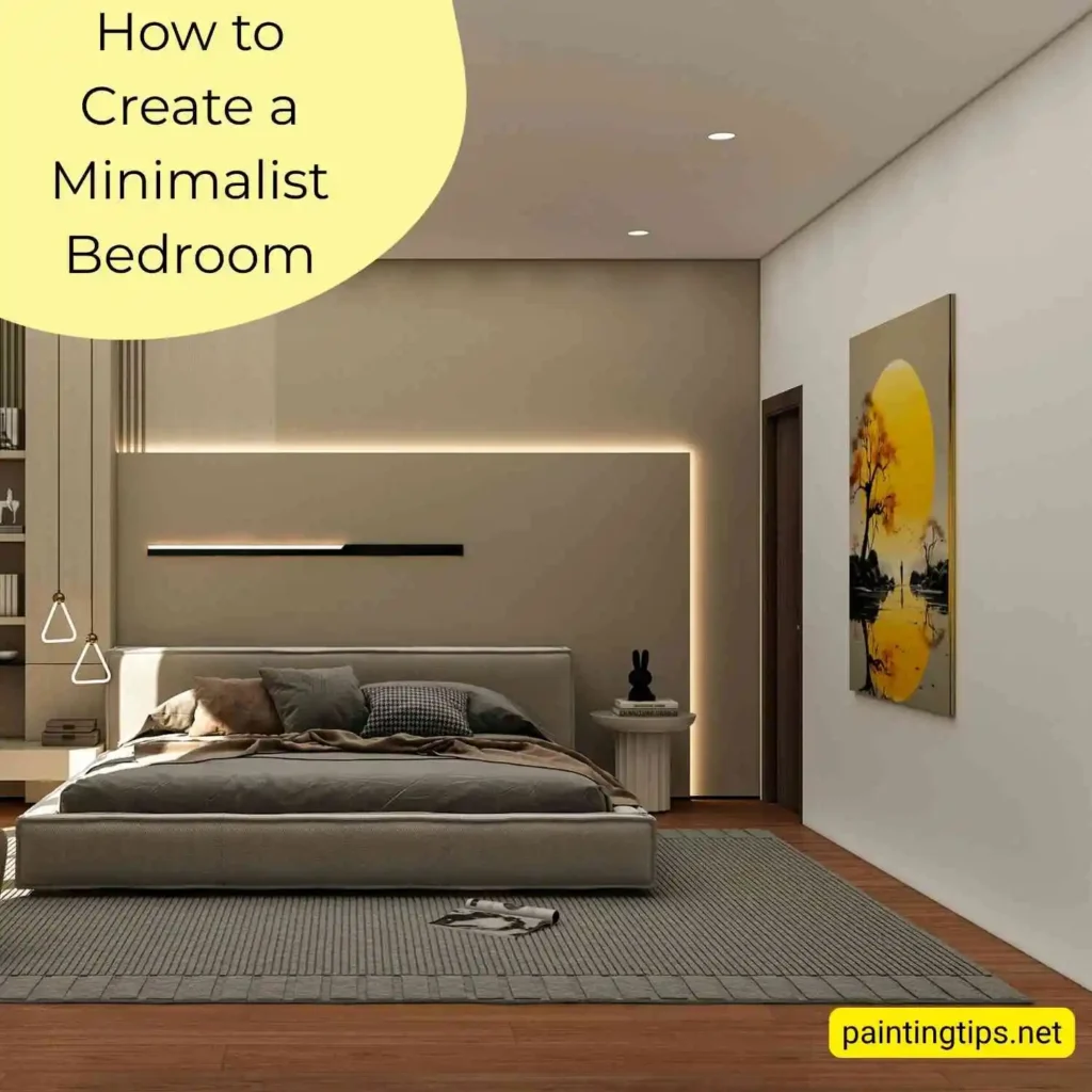 How to create a minimalist bedroom — two-tone walls with cherry wood flooring.
