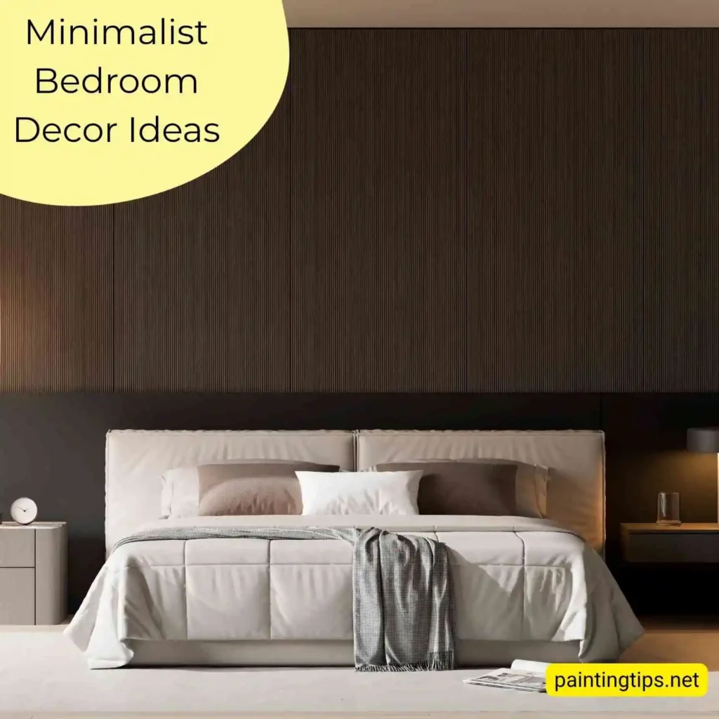 Minimalist bedroom with dark walls, natural light, and light wood flooring.