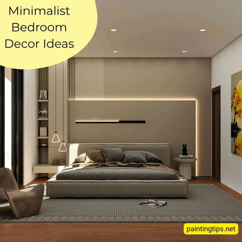 Minimalist bedroom with dark beige walls, low natural light and cherry wood flooring — minimalist decor designs.