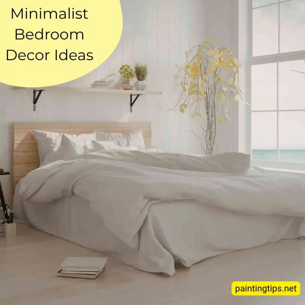 Minimalist bedroom with abundant natural light, white walls and very light wood flooring.