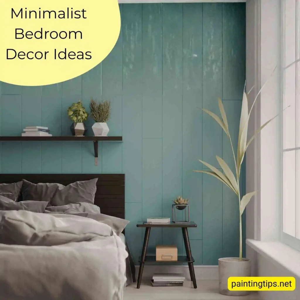 Minimalist bedroom with soft blue walls, white flooring and plenty of natural light.