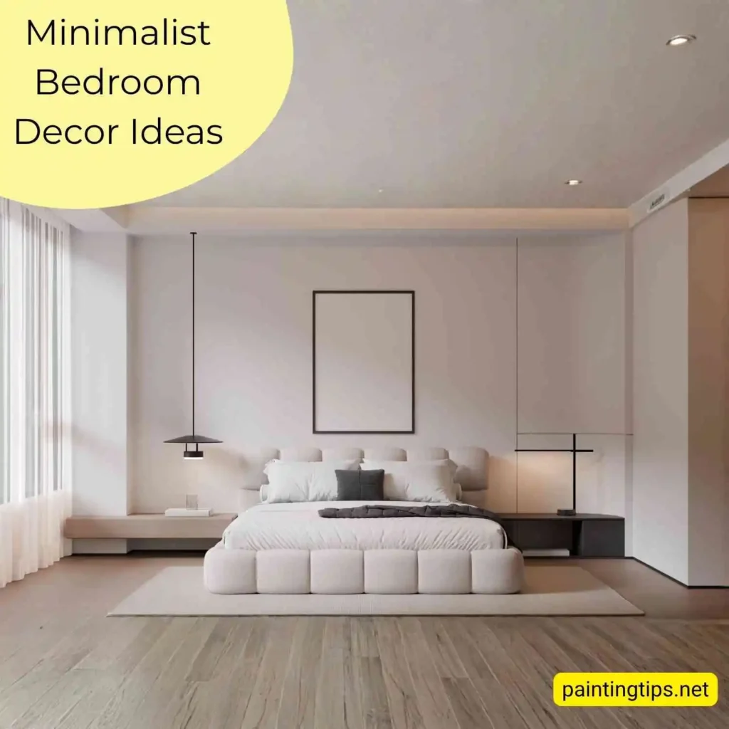 Minimalist bedroom with a white bed, light wood flooring and natural light — minimalist decor designs.