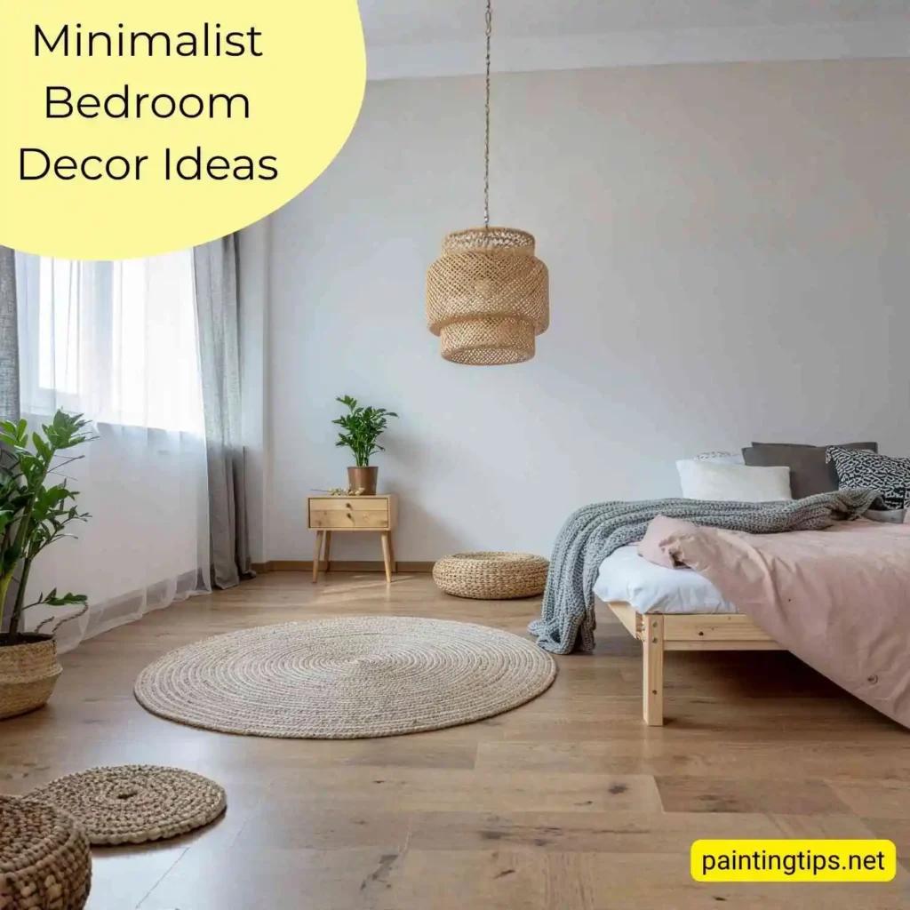 Minimalist bedroom with woven accessories, natural light and light wood flooring — minimalist decor ideas.