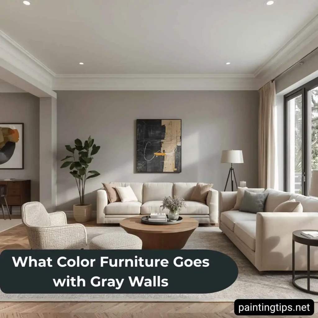 Beige couch with gray walls.